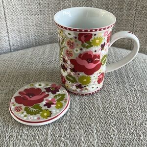 Vera Bradley Make me Blush porcelain coffee, tea mug with lid pink red floral